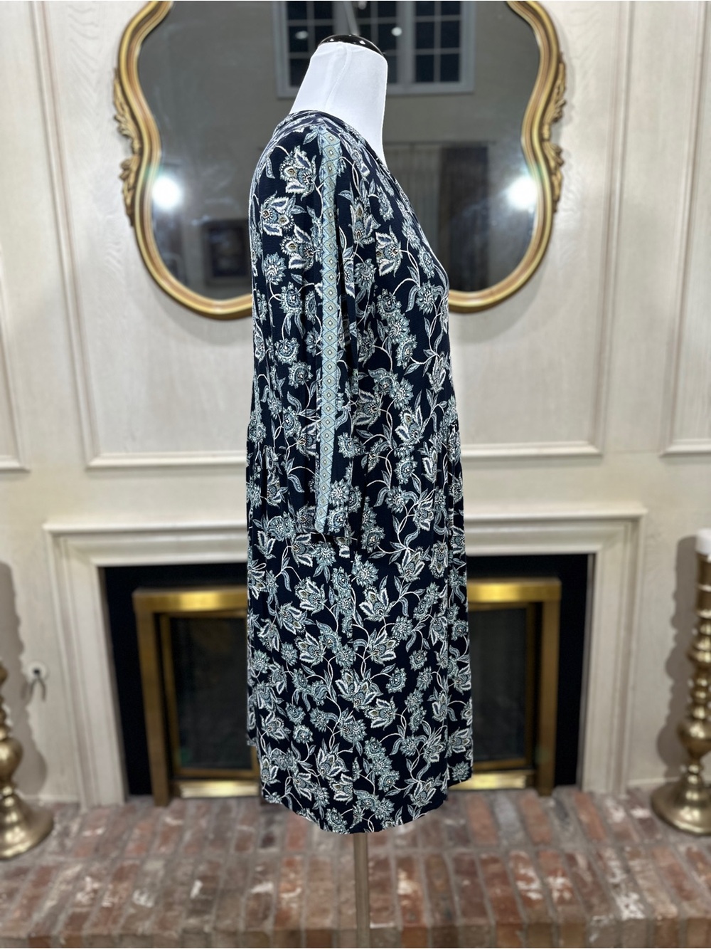 J. Jill Navy Floral Paisley Empire Waist Dress M Petite Boho Cottagecore 3/4 Slv - Picture 5 of 10